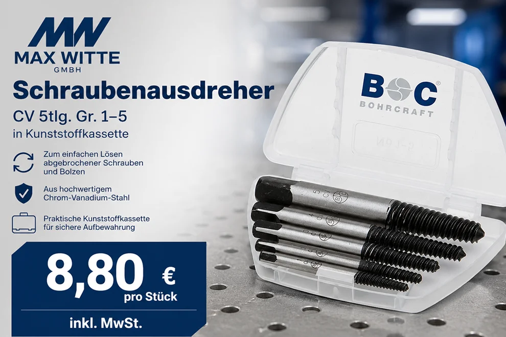 Bohrcraft Schraubenausdreher CV-5-teilig im Kunststoffkoffer für abgebrochene Schrauben