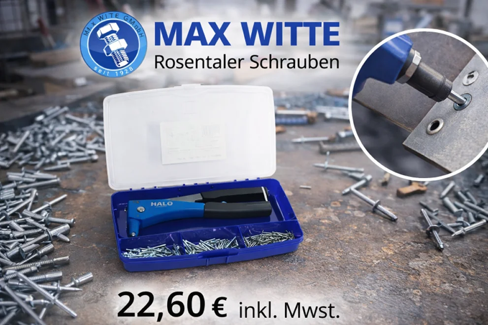 Halo Blindnietzangen-Set mit Nieten im Koffer bei Max Witte Rosentaler Schrauben
