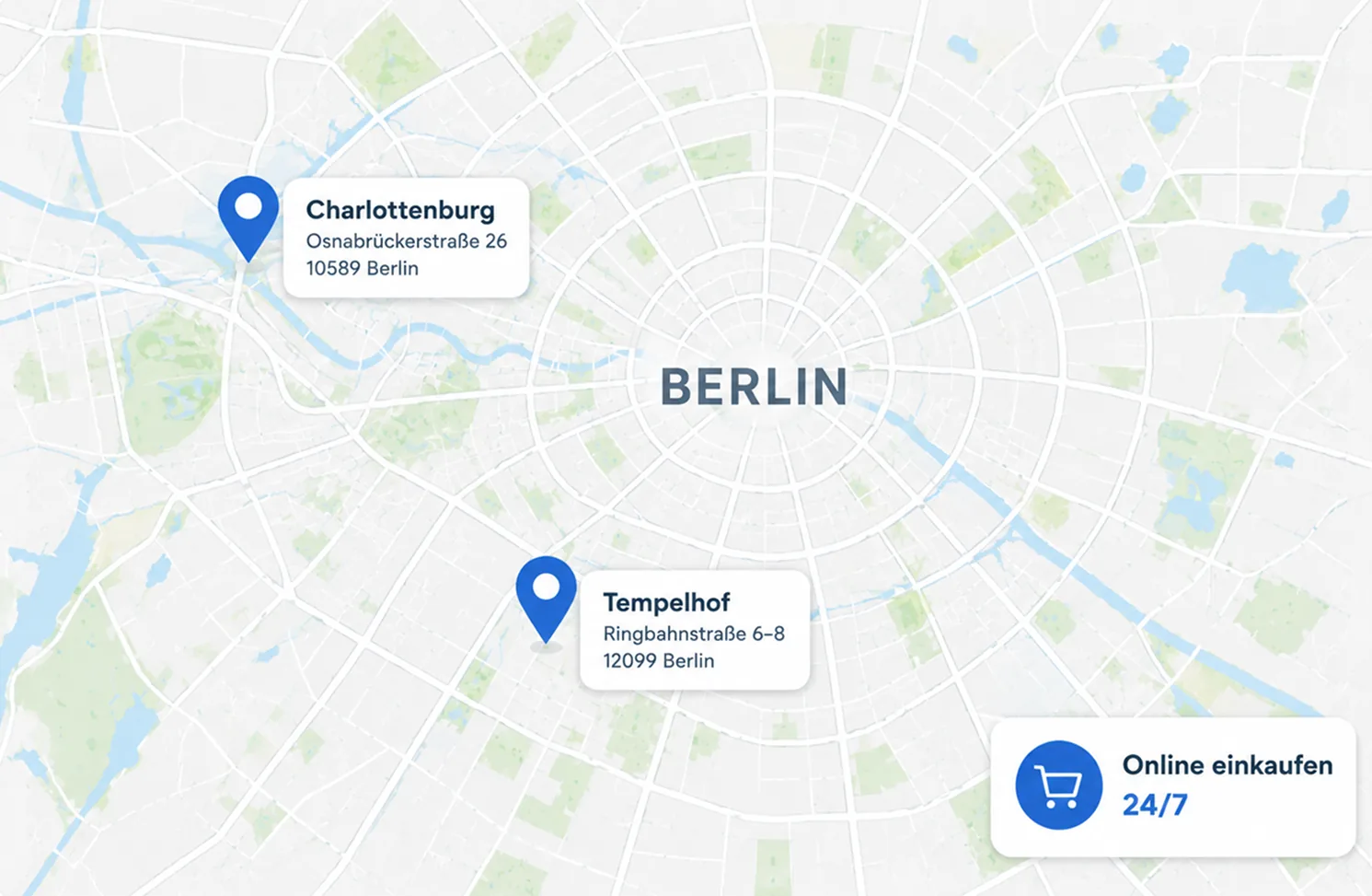Karte von Berlin mit Standorten in Charlottenburg und Tempelhof